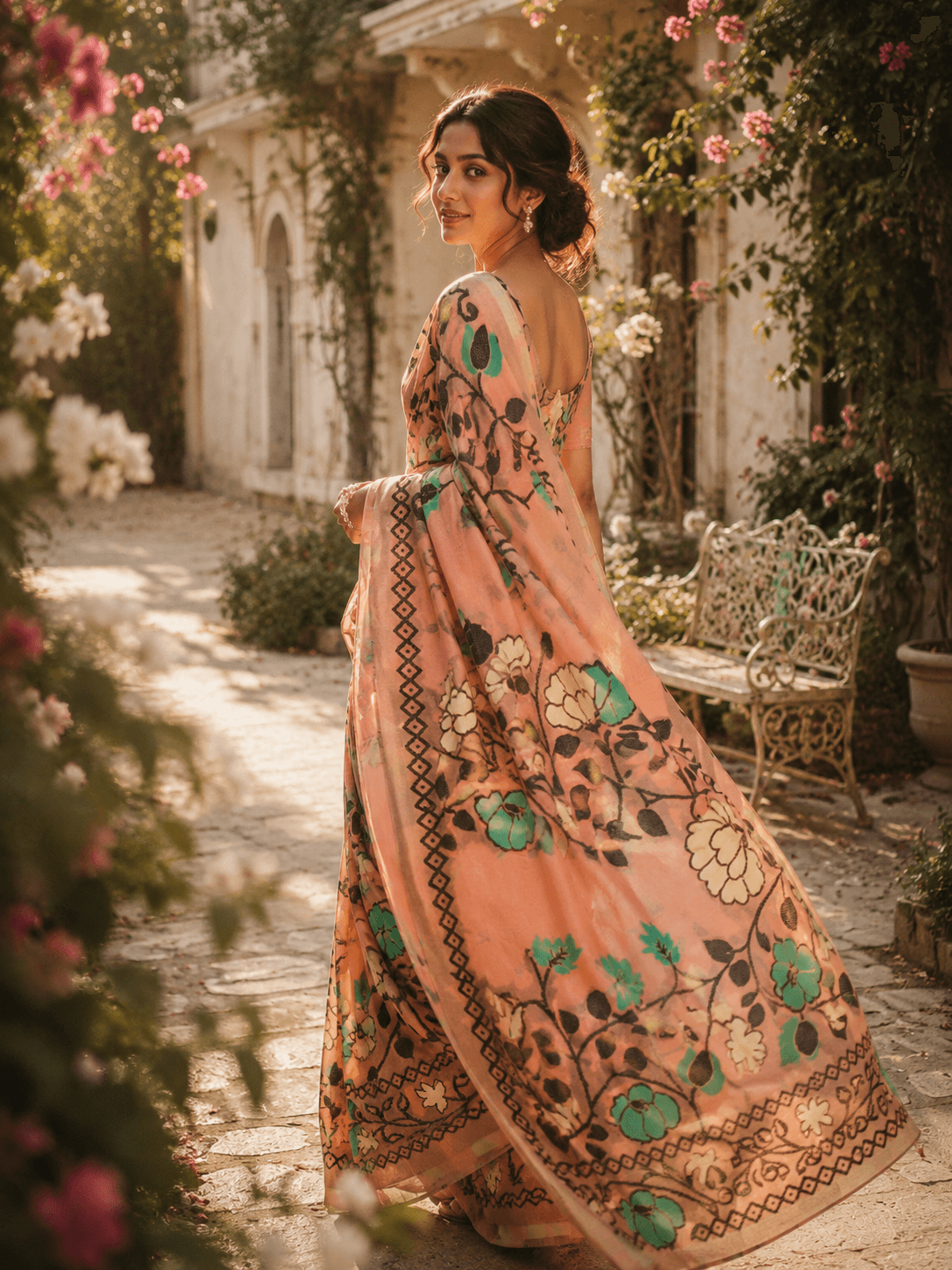 Peach Floral Silk Saree | Botanical Print Designer Saree for Women - 1
