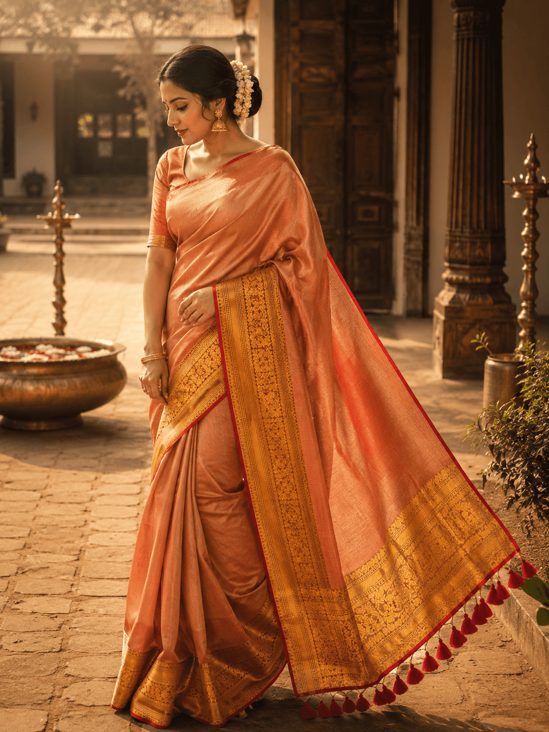 Peach Gold Silk Saree | Traditional Zari Border Saree for Women - 1