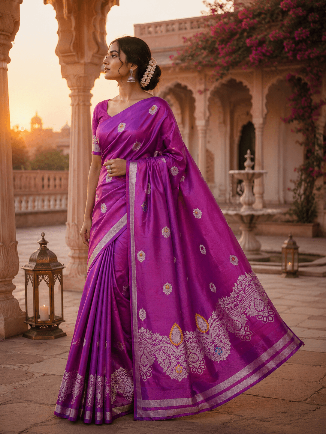 Orchid Magenta Silk Saree | Silver Zari Woven Border Saree for Women - 1
