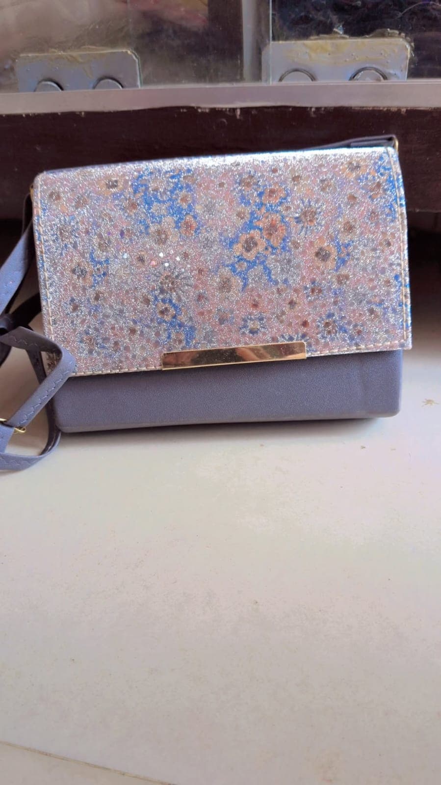 Floral Glitter Blue-Grey Sling Clutch - 1