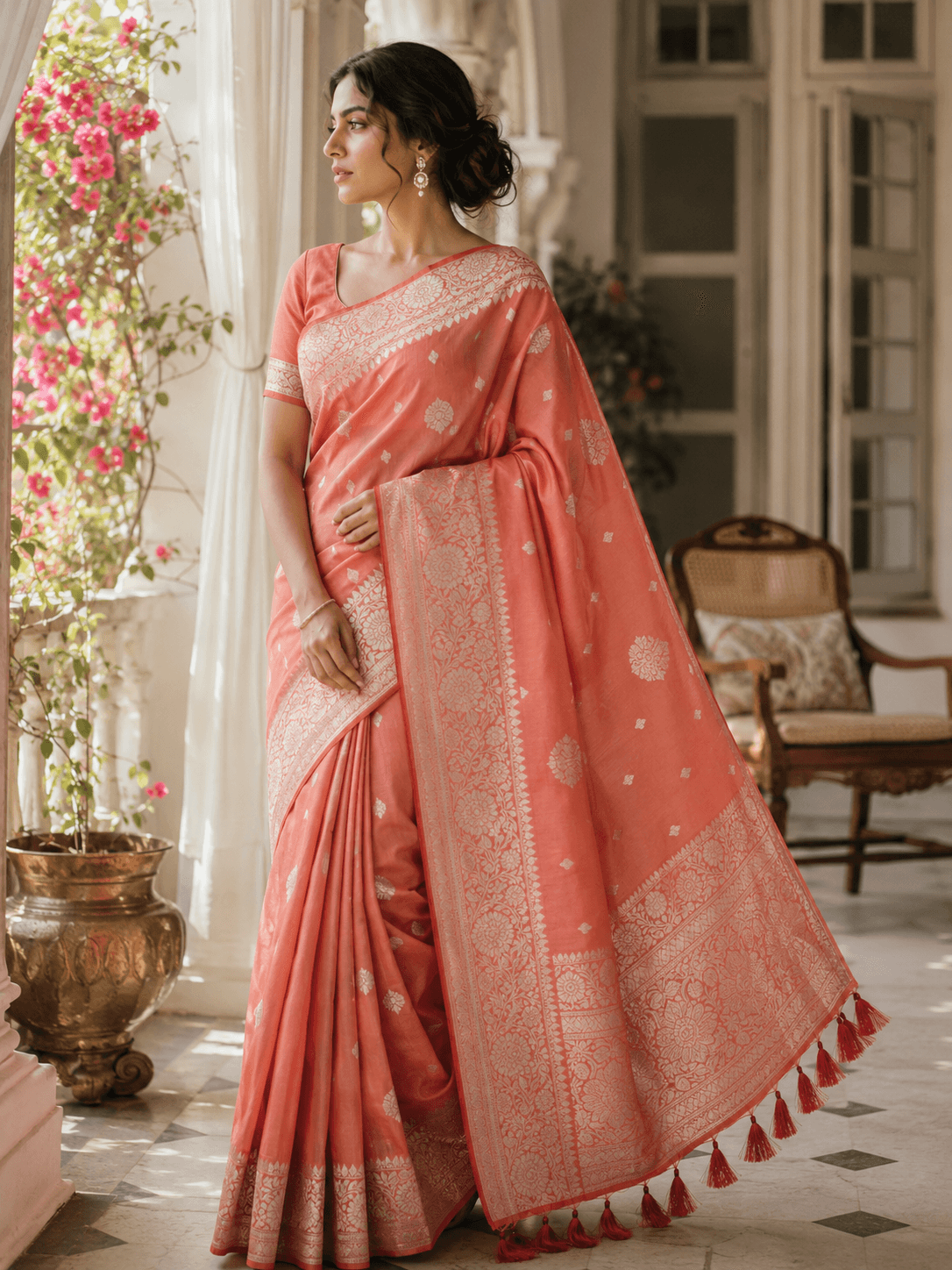 Coral Peach Silk Saree | Silver Floral Woven Border Saree for Women - 1